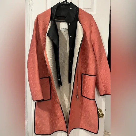 3.1 Phillip Lim Coral and Black Neoprene & Leather Coat - Picture 2 of 13